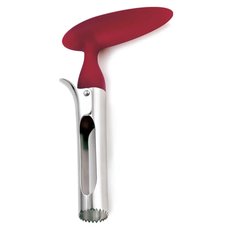 CUISIPRO red apple core remover tool, designed for easy apple coring and seed removal, with a sleek ergonomic handle.