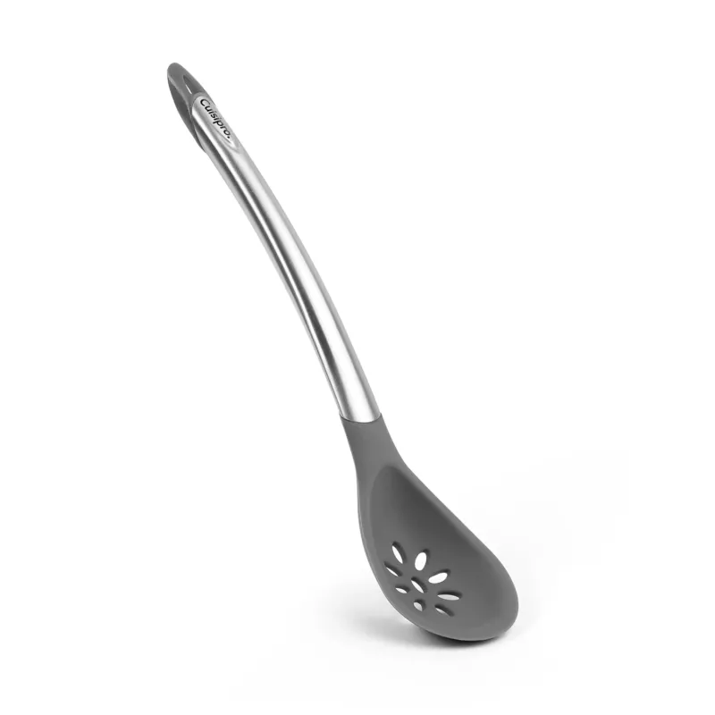 Gray CUISIPRO ELEGANCE slotted cooking spoon with a comfortable handle, ideal for stirring and serving in the kitchen.