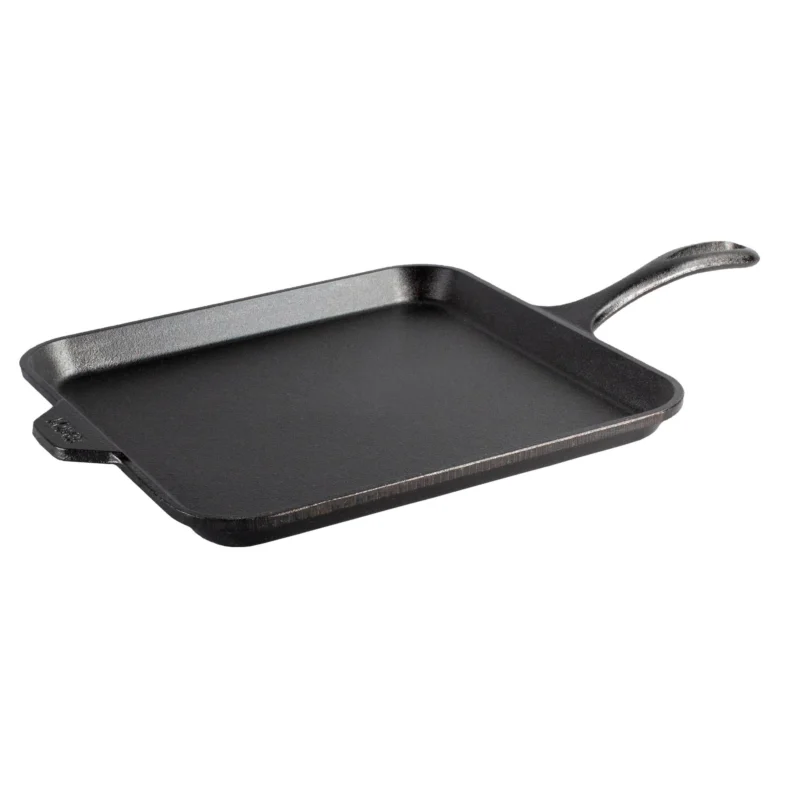 Lodge Classic black square grill plate with 27.9 cm size, cast iron cookware for outdoor and indoor grilling.