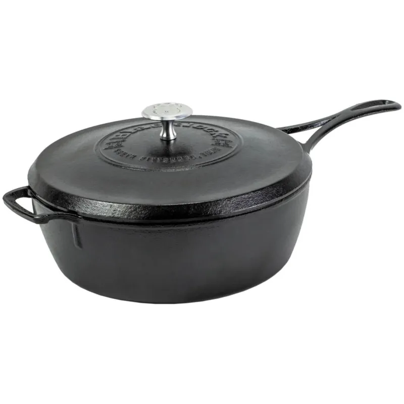 Lodge black cast iron deep skillet pan with 3.8L capacity, black non-stick coating, and sturdy handle for versatile cooking.