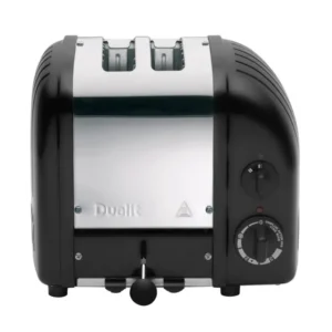 Dualit Newgen black 2-slice toaster with modern design and control buttons, ideal for toasting bread and bagels.