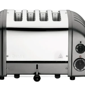Dualit NewGen gray metallic 4-slice toaster with sleek design and modern finish, ideal for toasting bread and bagels.