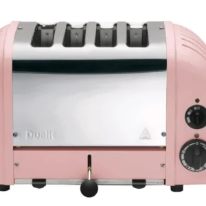 Dualit NEWGEN pink 4-slice toaster with sleek design and control dials, perfect for toasting bread and bagels.
