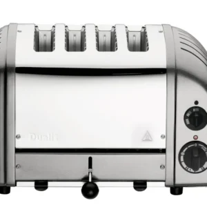 Dualit Newgen silver metallic 4-slice toaster with modern design and stainless steel finish, showing toasting slots and control dials.
