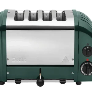 Dualit NewGen 4-slice evergreen toaster with modern design and stainless steel finish, visible control knobs and slots