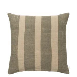 Oleo Cushion in tea green and natural with broad vertical stripes in washed linen