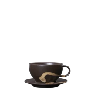 Koyo Cup with Saucer in dark brown with buff brushstroke glaze