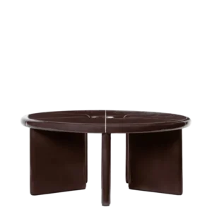 Deya Coffee Table in chestnut brown, round segmented top on curved panel legs