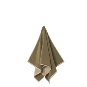 Ekko Hand Towel in olive with cashmere trim, hanging