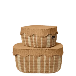 Rivan Storage Baskets in natural/off-white, set of 2 stacked with scalloped lids
