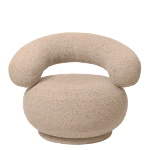 Orbo Lounge Chair in natural raw bouclé with rounded base and arched backrest