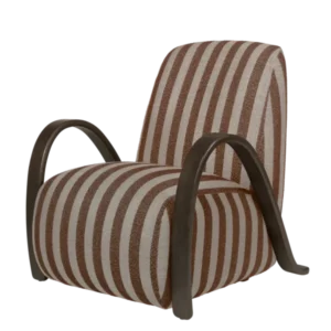 Buur Lounge Chair in Louisiana sand/chocolate stripe with curved dark oak armrests