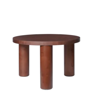 Post Coffee Table, small, in dark stained burl with three round legs