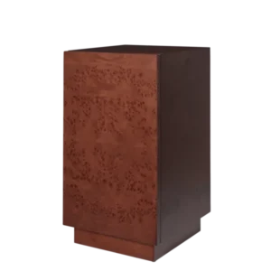 Burl Side Table in dark stained burl, boxy pedestal form seen at an angle