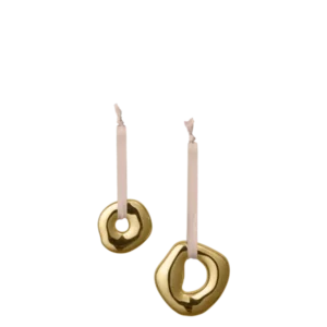 Orrith Ornaments in brass finish, set of 2 ring shapes hanging from ribbons