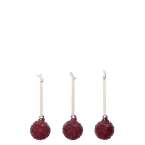 Flurry Glass Baubles in picante red, set of 3 small textured baubles on ribbons