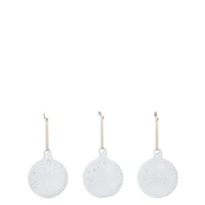 Flurry Glass Baubles in white, set of 3 medium textured baubles on ribbon hangers