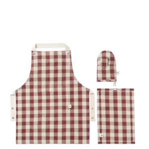 Bothy Kids Kitchen Set in cinnamon/grey green, checked apron, oven mitt and tea towel