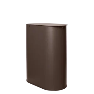 Enkel Bin medium in dark chocolate, oval lidded bin seen from the side