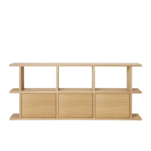 Kona Bookcase 3x2 in natural oak veneer with three cabinet inserts