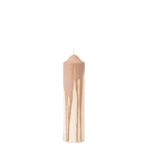 Dryp Pillar Candle in beige, small, with dripped colour over an off-white pillar