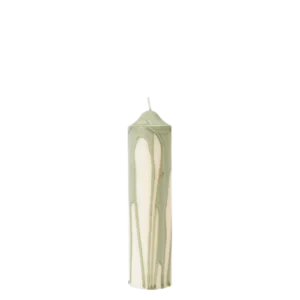 Dryp Pillar Candle in tea green, small, with dripped colour over an off-white base