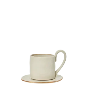Flow Mug with Saucer in off-white speckle with curved handle