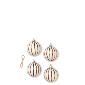 Christmas Glass Ornaments Lines in red brown, set of 4 off-white baubles with hanging cords