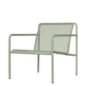 Dapple Lounge Chair with Arms in tea green with perforated seat and back, seen at an angle