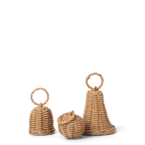 Braided Bell Baubles in natural, set of three woven rattan bells with hanging loops