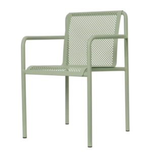 Dapple Chair with Arms in tea green with perforated seat and back, seen at an angle