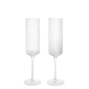 Ripple Champagne Flutes in clear, set of 2 with ribbed bowls and tall stems