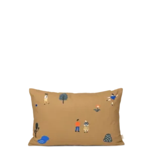 The Park Cushion Cover in Sugar Kelp with embroidered figures, tree, flower and pond Rectangular cushion cover