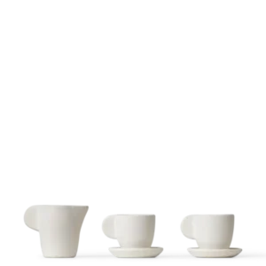 Miniature Tea Set in off-white ceramic, jug and two cups with saucers