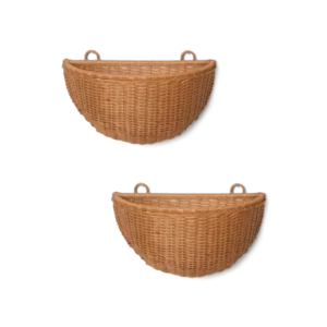 Braided Wall Pockets in natural, set of two half-round woven baskets with hanging loops
