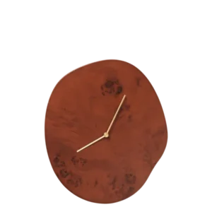Melt Wall Clock in dark stained burl with irregular round face and slim hands