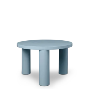 Post Coffee Table small in ice blue, round top on three cylindrical legs