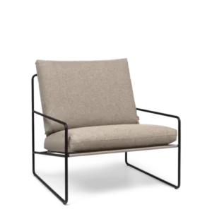 Desert 1-seater in black with Dolce dark sand cushions, angled view