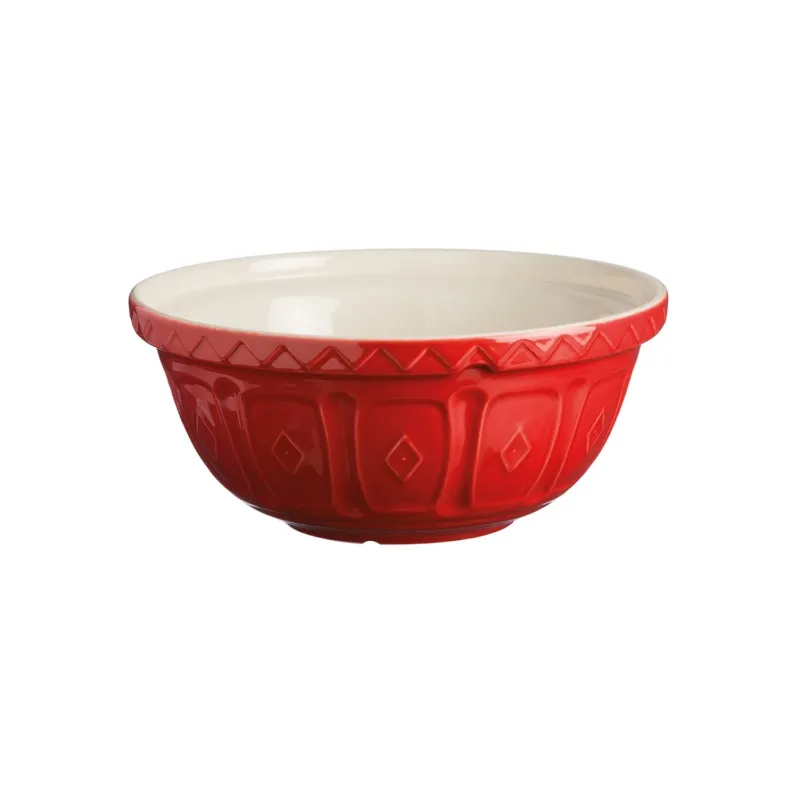 Mason Cash red stoneware mixing bowls in three sizes, round with smooth exterior and sturdy handles, ideal for baking and prep.