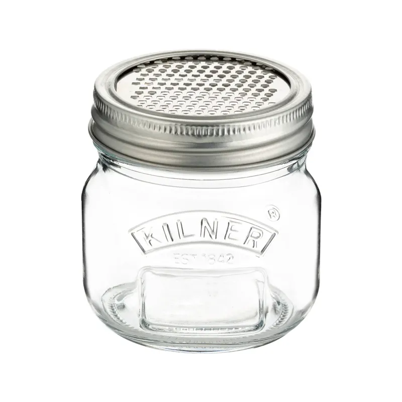 KILNER fine grater with glass container, clear plastic body, 250 ml capacity, perfect for zesting and grating in the kitchen.