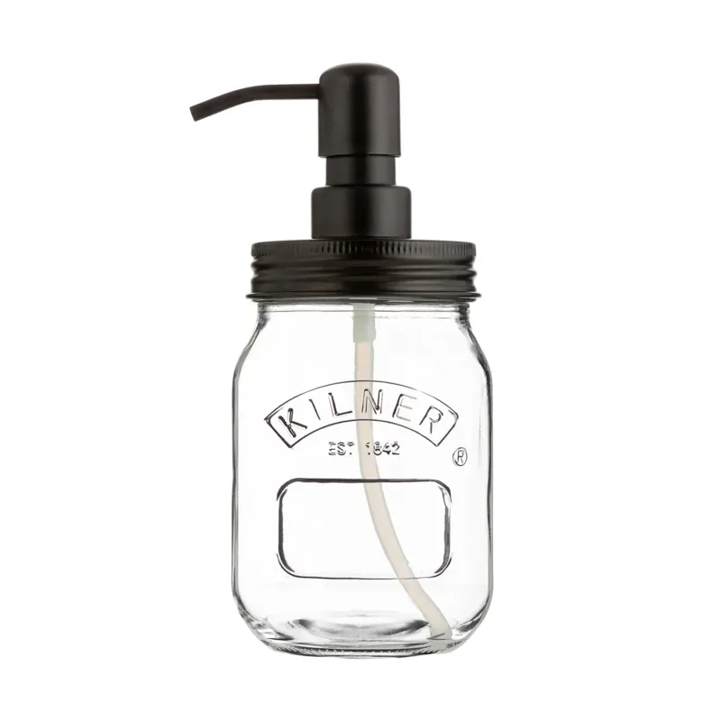 KILNER 0.5-liter soap and lotion dispenser with pump, made of clear glass, featuring a vintage-style design and metal accents.