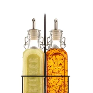 Clear KILNER oil and vinegar bottles with glass stoppers, designed for kitchen use and elegant condiment storage.