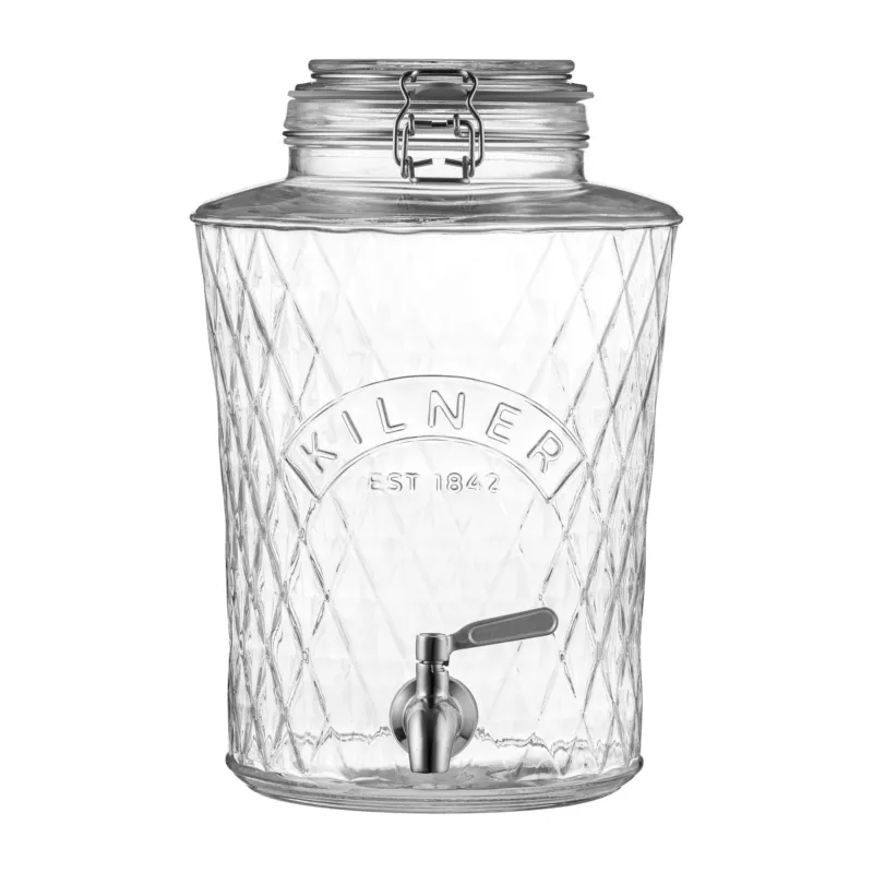 KILNER 5-liter diamond-patterned beverage dispenser with stainless steel tap for serving drinks.