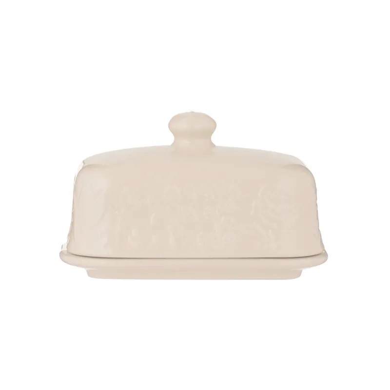 Mason Cash butter dish in In The Meadow design, white ceramic butter container with floral pattern and matching lid.