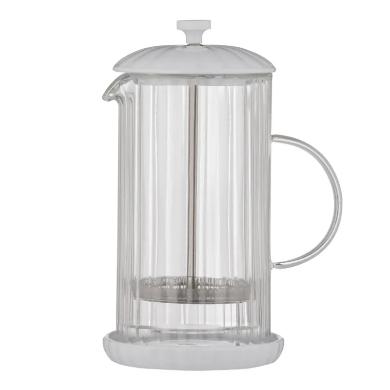Price & Kensington Luxe white French press coffee maker with glass carafe and stainless steel lid, stylish and functional kitchen accessory.