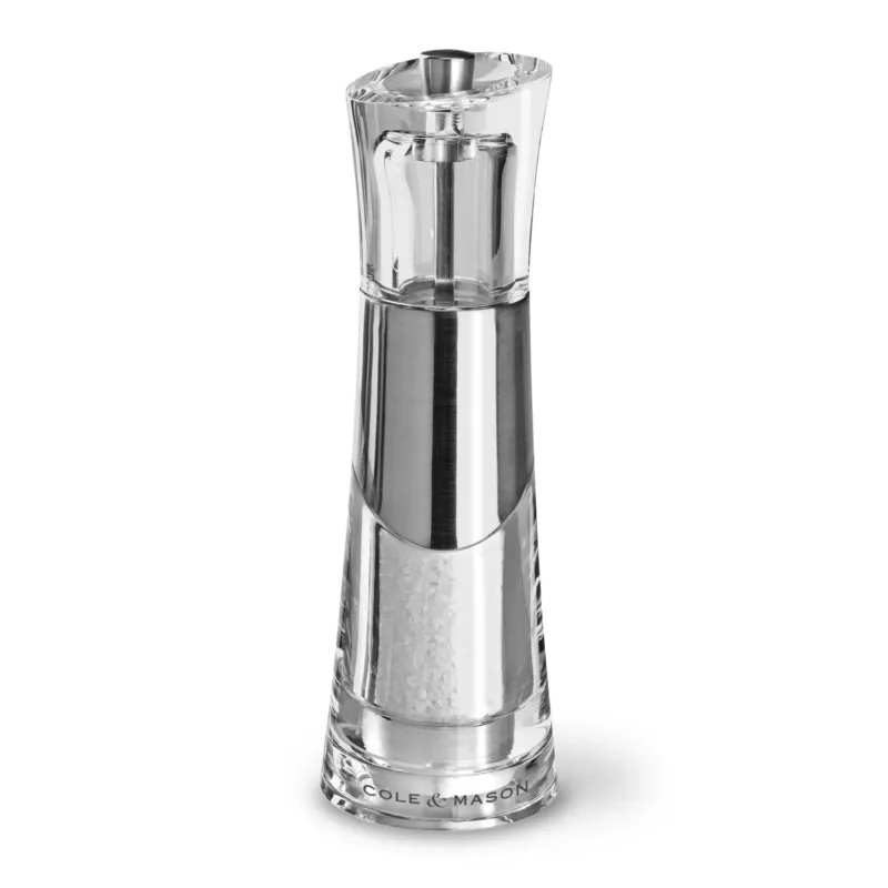 Cole & Mason Acryl-Edelstahl-Mühle BOBBI salt grinder, 18.5 cm tall, with clear acrylic body and stainless steel accents.