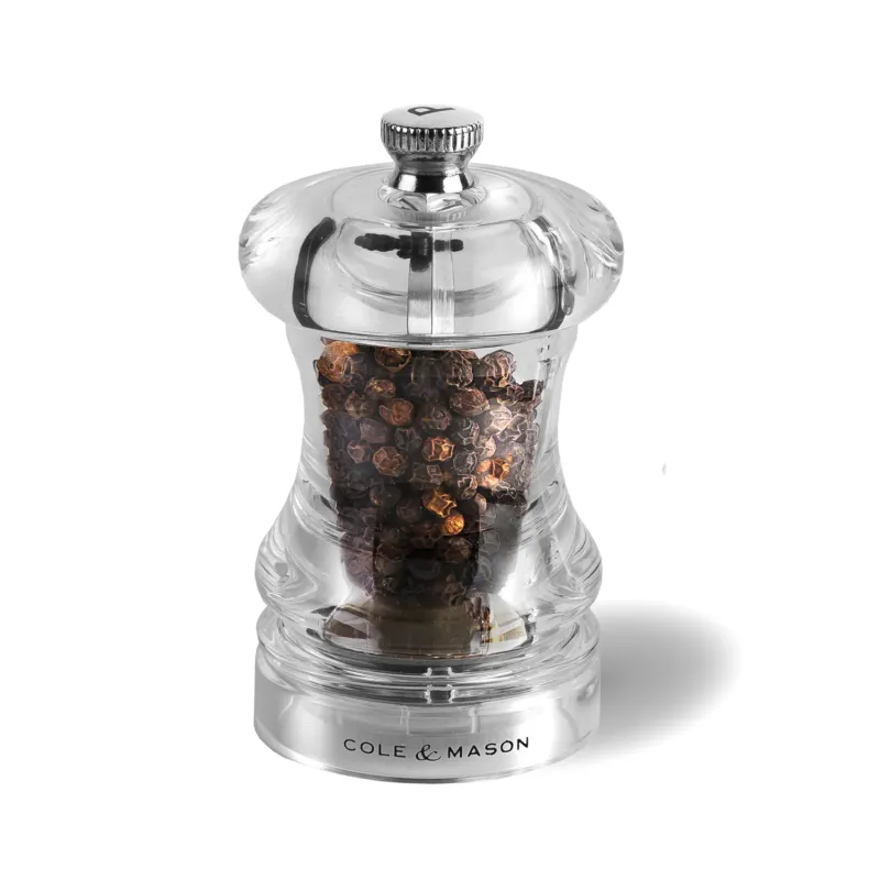 Cole & Mason Acryl-Edelstahl-Mühle CAPSTAN pepper mill, 8.5 cm tall, with clear acrylic body and stainless steel accents.