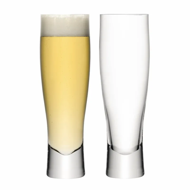 Set of two clear LSA beer glasses, 550ml capacity, stylish design for serving beer in a modern bar setting.