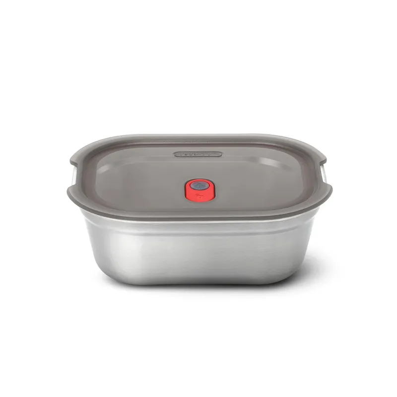 BLACK+BLUM stainless steel multifunctional storage jar with clear lid and compact design for kitchen organization.