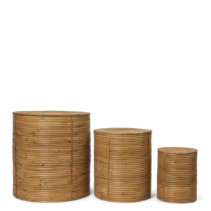 Column Storage set of 3 in natural stained rattan, lidded round baskets in three sizes